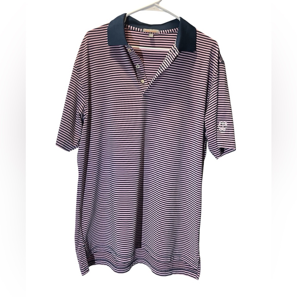Peter Millar Summer Comfort Pink Navy Blue Striped Performance Polo Size Large